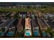Aerial view of several beautiful homes, each boasting a private pool, lush landscaping, and a golf course view at 1041 Castle Pines Ct, Reunion, FL 34747