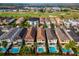 Aerial view of several beautiful homes, each boasting a private pool, lush landscaping, and a golf course view at 1041 Castle Pines Ct, Reunion, FL 34747