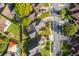 Residential aerial view displays mature trees, neighborhood streets, and roof details at 6512 Grosvenor Ln, Orlando, FL 32835