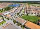 Expansive aerial view showcasing neighborhood with numerous houses, a tranquil lake, and green spaces at 10108 Sunnifa Aly, Orlando, FL 32832
