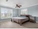 Cozy bedroom featuring light blue walls, white shutters, and wood-look floors at 1105 Appleton Ave, Orlando, FL 32806