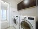 Laundry room with front-loading washer and dryer, upper cabinets, and hall access at 5431 Lochdale Dr, Orlando, FL 32818
