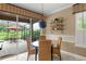 Cozy dining area with views of the screened lanai, featuring wicker chairs, a round table, and stylish shelving at 600 Egret Place Dr, Winter Garden, FL 34787