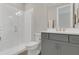 Well-lit bathroom featuring a glass enclosed shower, gray vanity, and white countertops at 1938 Filly Trl, Oviedo, FL 32765