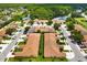 Bird's eye view capturing the layout of a community with homes, manicured lawns, and proximity to a serene lake at 3404 Village Green Ct, St Cloud, FL 34772