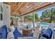 View of the backyard covered patio featuring a tongue and groove ceiling overlooking the pool at 624 Richmond Street, Orlando, FL 32806