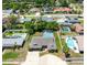 An aerial view showcases the property's screened pool, backyard, and neighborhood surroundings at 1736 Saxon Blvd, Deltona, FL 32725