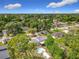 An aerial view shows the property and surrounding neighborhood with mature trees, including the above ground pool and multiple storage sheds at 219 E Fern Dr, Orange City, FL 32763