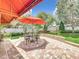 Picturesque backyard setting with an outdoor dining table, lush greenery, and a shaded patio area at 4334 Tolkien St, Orlando, FL 32828