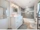 Modern bathroom with gray tiling, a shower-tub combo, and a vessel sink on a white vanity at 1615 W Gadsen Blvd, Orlando, FL 32812
