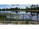 View of the pond from behind a fence with lily pads and wetland plants on the water at 17319 Million Lakes Ct, Clermont, FL 34714
