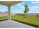 Covered patio view showcases the lush lawn and beautiful water view at 3240 Canna Lily Pl, Clermont, FL 34711
