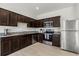 Modern kitchen with dark cabinetry, granite countertops, and stainless steel appliances at 827 Grandin St, Davenport, FL 33837