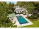Aerial view of a backyard oasis with a sparkling pool, pergola, and ample space for outdoor entertaining at 1011 Lake Davis Dr, Orlando, FL 32806