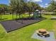 Aerial view of a neighborhood playground with swings, slides, and a picnic table on a sunny day at 207 S Sweetwater Blvd, Longwood, FL 32779