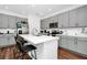 Modern kitchen with gray cabinets, white countertops, and a large island with barstool seating at 812 Benoi Dr, Davenport, FL 33896