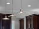 Pendant lights illuminate a modern kitchen space with dark wood cabinets and stainless steel appliances at 15900 Citrus Knoll Dr, Winter Garden, FL 34787