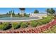 Community entrance sign surrounded by colorful flowers and a decorative water feature at 17996 Adrift Rd, Winter Garden, FL 34787