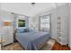 Comfortable bedroom with blue bedding, matching curtains, and vintage-style furnishings at 815 E 11Th Ave, Mount Dora, FL 32757