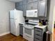 Functional kitchen with stainless steel appliances, white subway tile, and gray cabinetry at 2515 Marlboro St, Orlando, FL 32806