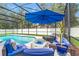 A relaxing poolside lounge area with comfortable seating, a modern fire pit, and a large blue umbrella at 486 Shirley Dr, Apopka, FL 32712