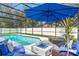 A serene swimming pool featuring comfortable seating, a modern fire pit, and a large blue umbrella at 486 Shirley Dr, Apopka, FL 32712