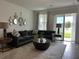 Comfortable living room with stylish decor, gray couch, and sliding glass doors at 2824 Neverland Dr, New Smyrna Beach, FL 32168