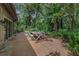 Charming backyard patio with wooden picnic table nestled among lush, mature trees at 4702 Shorecrest Dr, Orlando, FL 32817