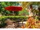 Outdoor seating area featuring table, chairs and shade umbrella surrounded by greenery at 6384 Raleigh St # 2214, Orlando, FL 32835