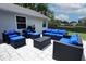 Back patio featuring stylish black wicker seating with blue cushions, perfect for entertaining at 759 Lake Como Dr, Lake Mary, FL 32746
