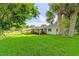 Expansive backyard view showcasing lush green grass, mature palm trees, and a charming, screened-in patio at 241 Brittany Ave, Port Orange, FL 32127