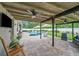 Covered patio features a ceiling fan, outdoor seating, and a view of the pool, perfect for relaxing and entertaining at 2579 Woodside Ridge Dr, Apopka, FL 32712