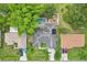 Aerial view of a single-Gathering home, including the private pool and backyard, surrounded by lush landscaping at 857 Marquis Ct, Kissimmee, FL 34759