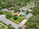 Aerial view showcases the home's well-maintained lawn, private pool, and proximity to a lush, green neighborhood at 9543 Buxton, Orlando, FL 32817