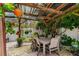 Charming covered outdoor dining area with a wooden table and seating, surrounded by lush plants and hanging planters at 9543 Buxton, Orlando, FL 32817