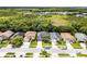 This aerial view shows a residential neighborhood with houses with manicured lawns and mature trees at 13431 Early Frost Cir, Orlando, FL 32828