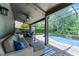 Lovely covered patio with plenty of seating and a view of the screened-in pool at 13431 Early Frost Cir, Orlando, FL 32828