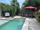 Inviting outdoor pool area with a egg chair, lounge seating, a red umbrella, and mature landscaping at 1420 Knollwood St, Orlando, FL 32804