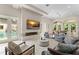 Bright living room featuring a fireplace, access to the outdoor pool, and comfortable seating at 3426 Cocard Ct, Windermere, FL 34786