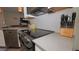 Close up on the modern stainless steel stove and countertop in the upgraded kitchen at 4858 Magnetite Loop, Mount Dora, FL 32757