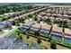 Elevated view of community, emphasizing homes with private pools, mature trees, and green lawns at 9023 Shadow Mountain St, Davenport, FL 33896