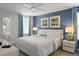 Serene main bedroom with soft blue accents, plush bedding, and ample natural light at 9023 Shadow Mountain St, Davenport, FL 33896