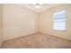 Minimalist bedroom features neutral carpeting, a ceiling fan, and a large window, creating a serene space at 1173 Valley Creek Run, Winter Park, FL 32792
