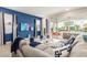 Cozy living room with a comfortable gray sofa, blue accents, and a view of the pool at 421 Southfield St, Kissimmee, FL 34747