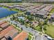 Community aerial view of the pool, clubhouse, playground, and condominiums nestled in a residential neighborhood at 10630 Mobberley Cir, Orlando, FL 32832