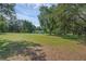Serene backyard view with mature trees shading a well-manicured lawn, set against a clear sky at 18166 Lynbrook Rd, Orlando, FL 32820