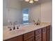 Bathroom features a double sink with wood cabinetry, a large mirror, and neutral color at 17322 Chateau Pine Way, Clermont, FL 34711