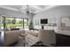 Bright living room with large sliding glass doors, custom built-ins, and dark wood floors at 1441 Foxtail Ct, Lake Mary, FL 32746