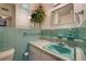 Retro bathroom features colorful tile, matching fixtures, and wall-mounted decor at 209 Wilmer Ave, Orlando, FL 32811