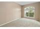 Bedroom with neutral walls, carpet flooring, and a large, arched window with lush views at 3808 Ocita Dr, Orlando, FL 32837